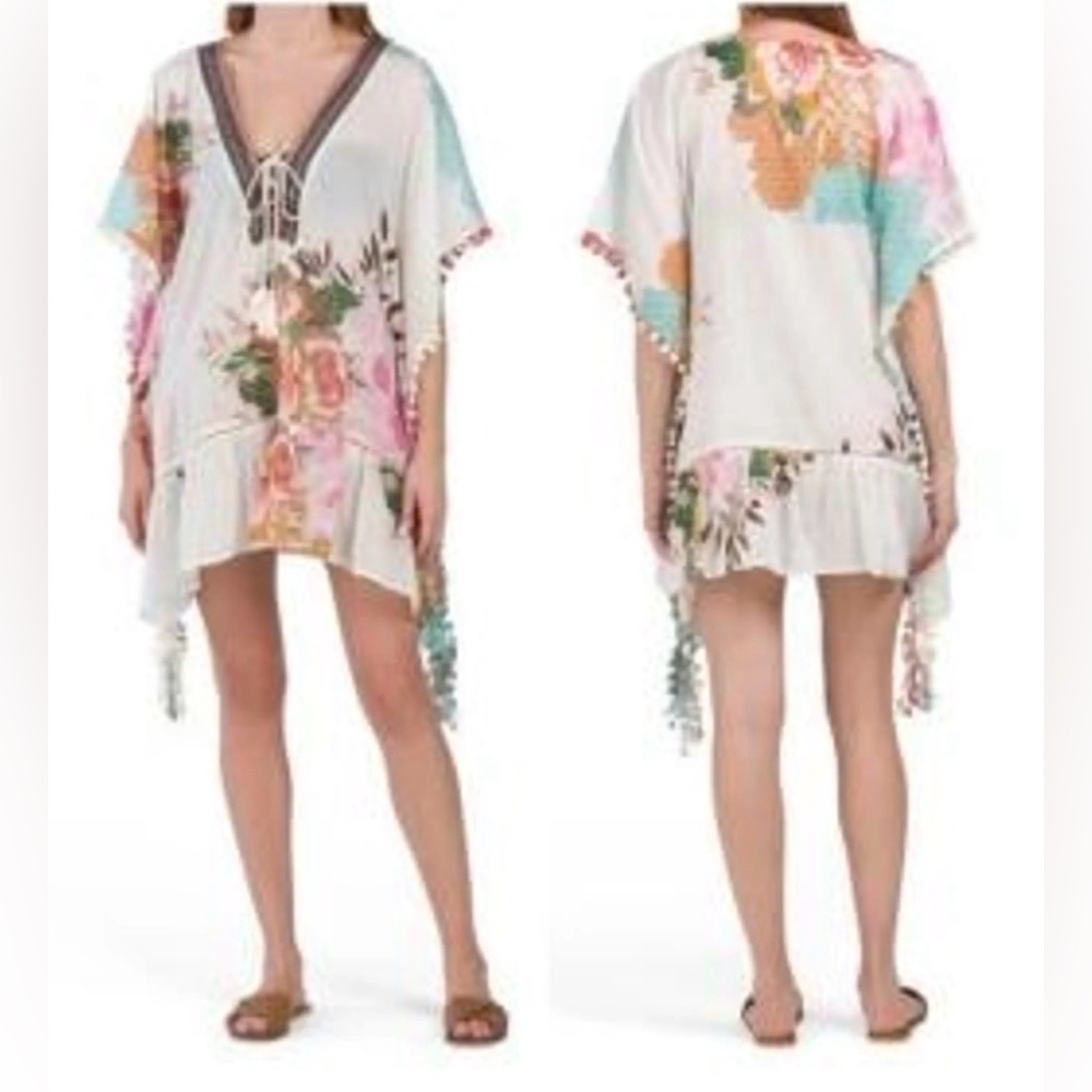 Z&L Floral Lace-Up Pom Pom Swim Caftan Coverup - White with Pink & Mint - Picture 4 of 14